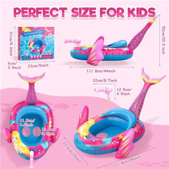 Mermaid Kids Pool Floats with Water Gun, Toddler Inflatable‎ Pool Toys for Kids - Picture 5 of 6